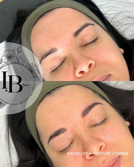 Avant / après brow lift avec teinture hybride : sourcils liftés et structurés.