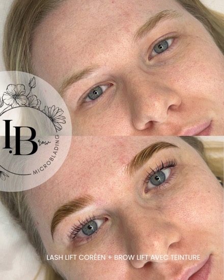 Avant / après d'un lash lift coréen associé à un brow lift avec teinture hybride.