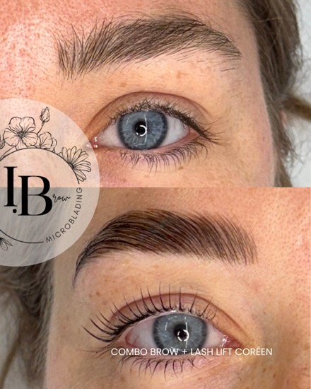 Avant / après d'un lash lift coréen associé à un brow lift avec teinture hybride.