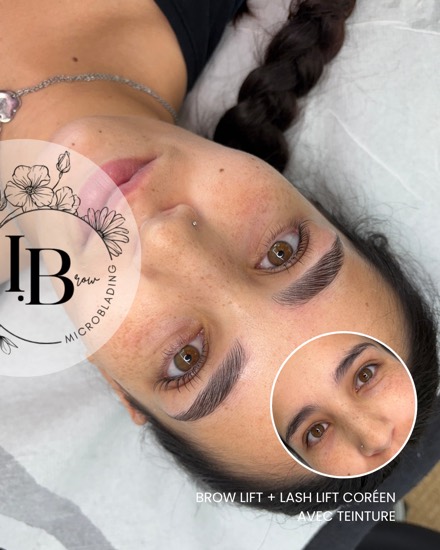 Résultat combo brow lift et lash lift coréen avec teinture : sourcil structuré et cils recourbés, avant en médaillon.