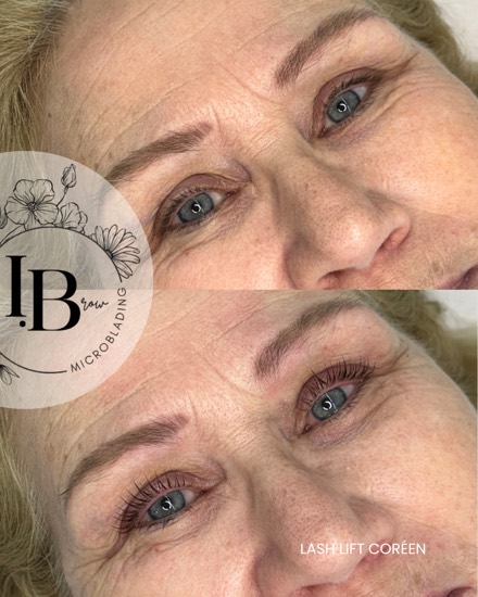 Avant / après lash lift coréen seul : des cils recourbés dès la racine, sans teinture.