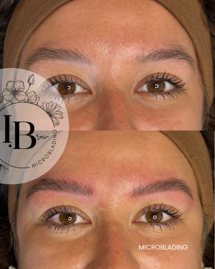 Avant / après microblading : sourcils densifiés, ligne redéfinie, pigment adapté à la couleur des poils naturels.
