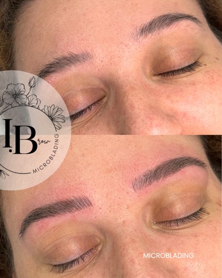 Avant / après microblading signature : sourcils densifiés au pigment naturel.